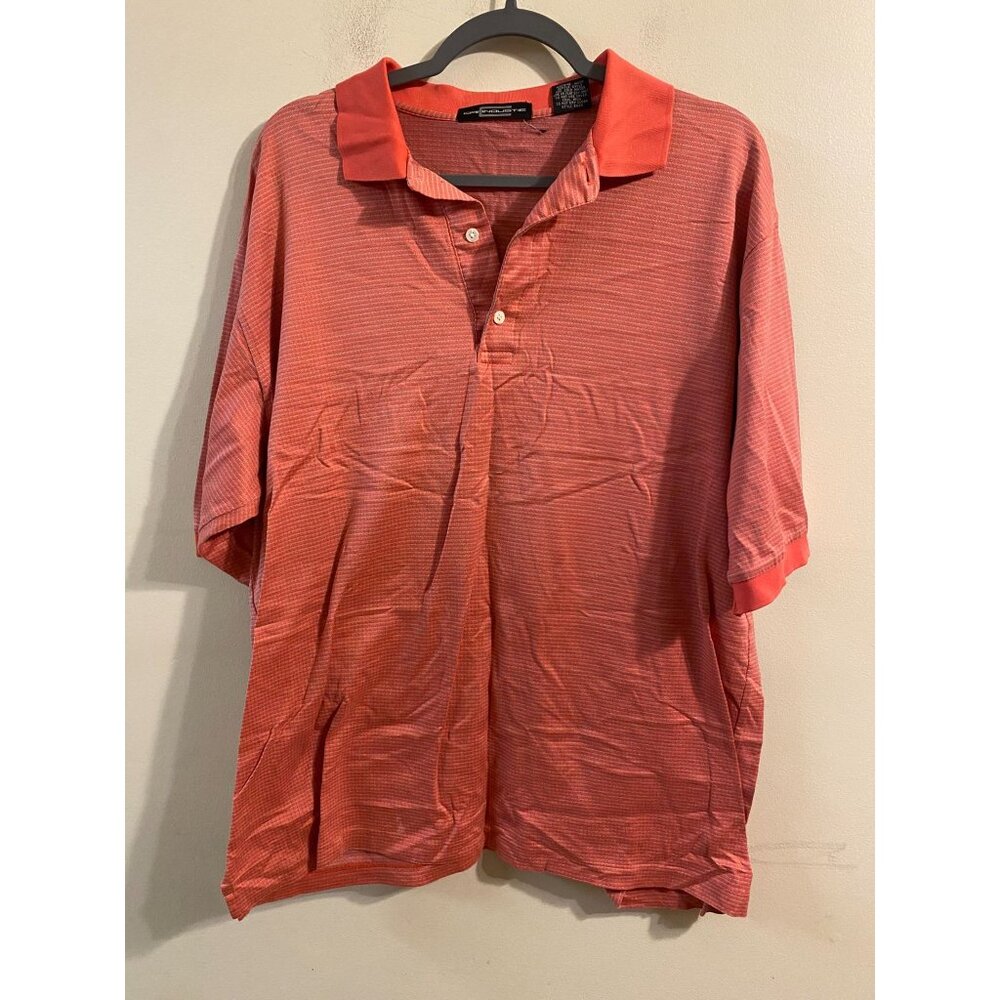 Men's Carnoustie Pink Orange Textured Plaid Golf Polo Shirt Size‎ Large